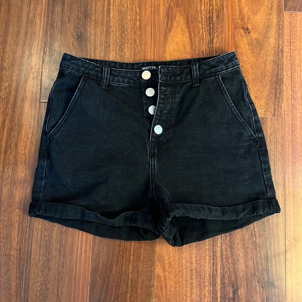Nasty Gal Black Denim Button Up Shorts